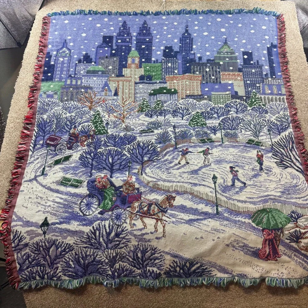 Reversible Cityscape Woven Tapestry Throw Blanket Summer Winter Park 48x44 VTG